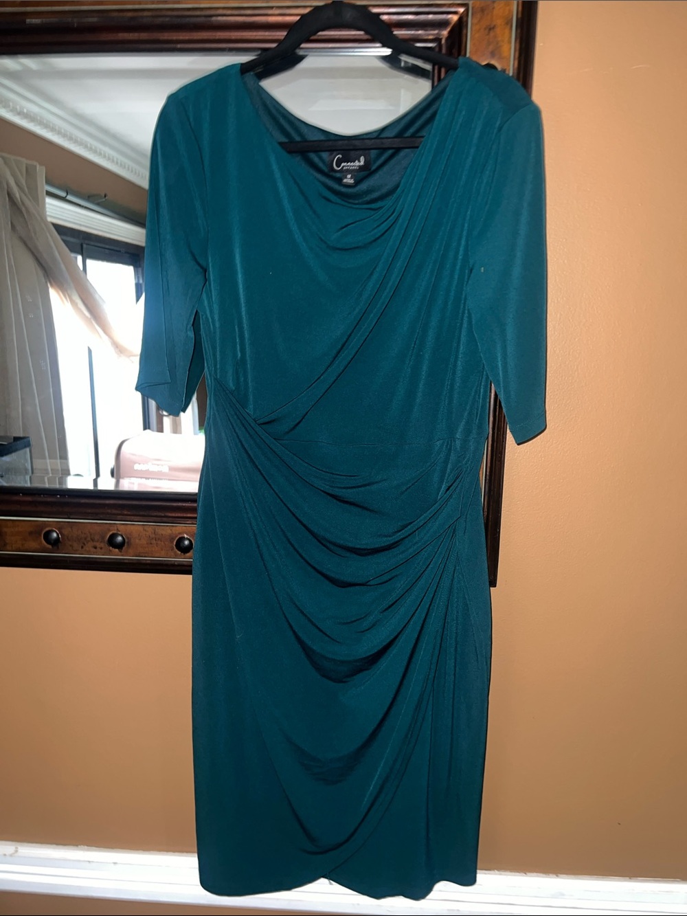 connected apparel Teal Midi Draped Sheath Dress